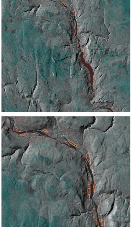 Satellittbilder av flomrammede områder i Gudbrandsdalen. De oversvømte områdene er markert i gult.