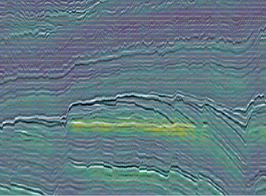 Visualisering av seismisk grunnmodell med fargekoder, brukt til interaktiv kartlegging av olje-gass-kontakt på Troll-feltet.