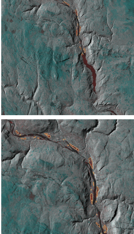 Satellite imagery of flooded areas in Gudbrandsdalen. The flooded areas are marked in yellow.