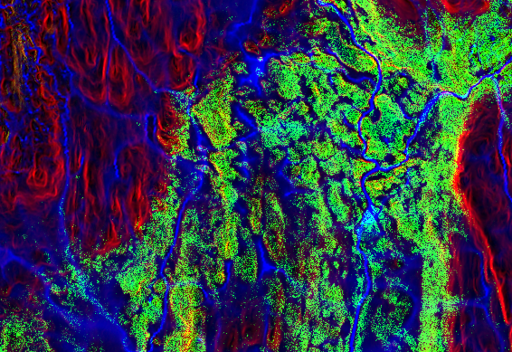 Colour-coded map of the Roancejávri area showing slope steepness in red, vegetation height in green, and topographic wetness index in blue.