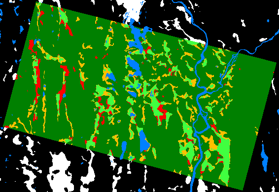 Map showing preliminary results from automatic peatland mapping. Light green indicates correctly identified peatland, dark green correctly identified non-peatland, red false positives, yellow false negatives, blue existing water bodies, and white/black areas without reference data. 