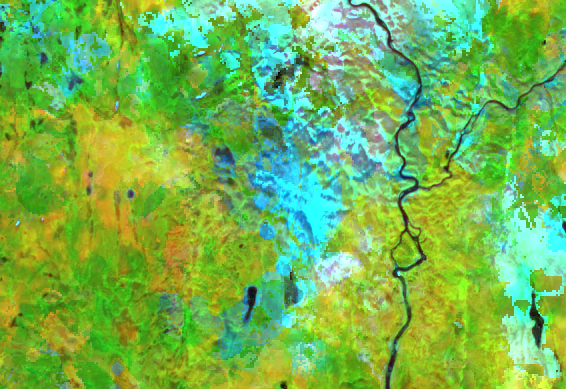 Mosaic image from 2020 over Roancejávri with large areas of cloud and snow, resulting in incomplete coverage and reduced image quality.