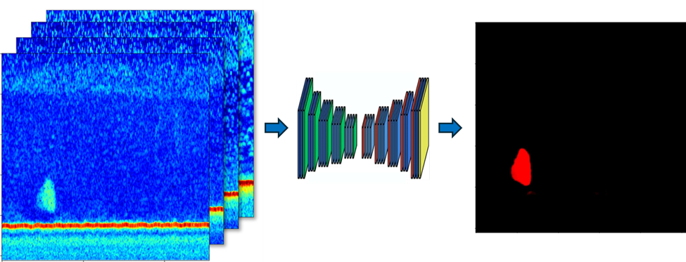 The image shows how the network detects sandeel in 4-channel acoustic data. Figure: NR