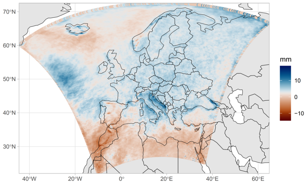 Average increase in the largest daily precipitation amount as global average temperature increases from 1°∁ above the pre-industrial average to 3°∁ above the pre-industrial average.