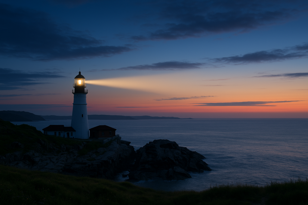 Lighthouse on a cliff at dusk, with its light shining across the sea toward the horizon.