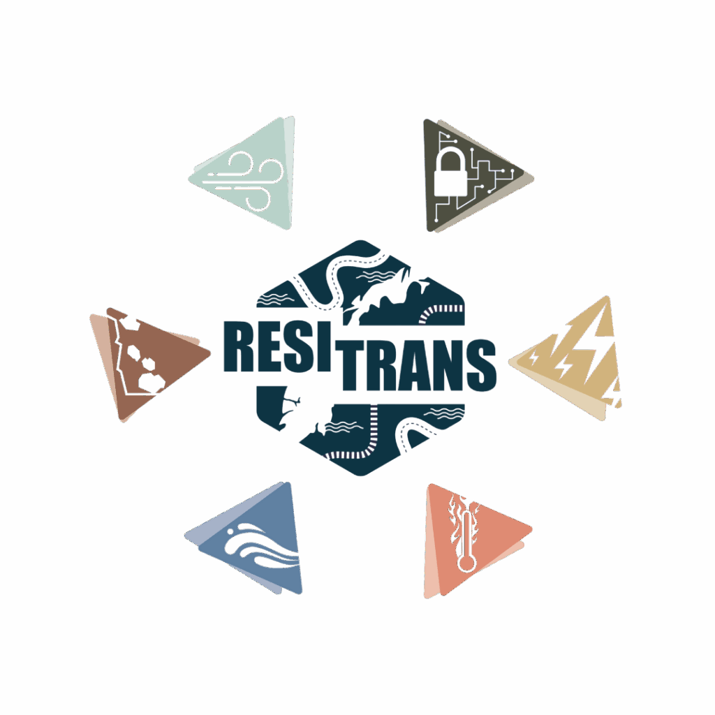 ResiTrans logo in colour. Triangles show different areas of Resitrans research such as digitalisation, climate and electricity in simple illustrations