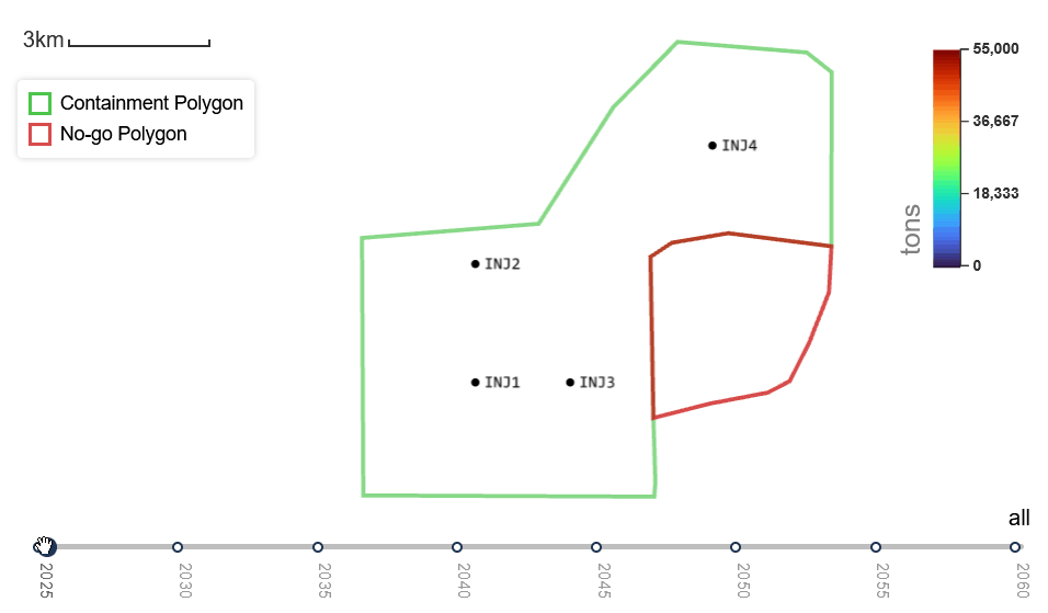 Bird's-eye view of simulated CO2 plume migration on a synthetic case with four injection wells, over the period 2025-2060. "No-go" polygons can be used to mark areas where we don't want CO2 to enter, e.g., due to leakage risk. Notice how in this example the CO2 plume migrates into the "No-go" area around year 2035. Figure: NR.