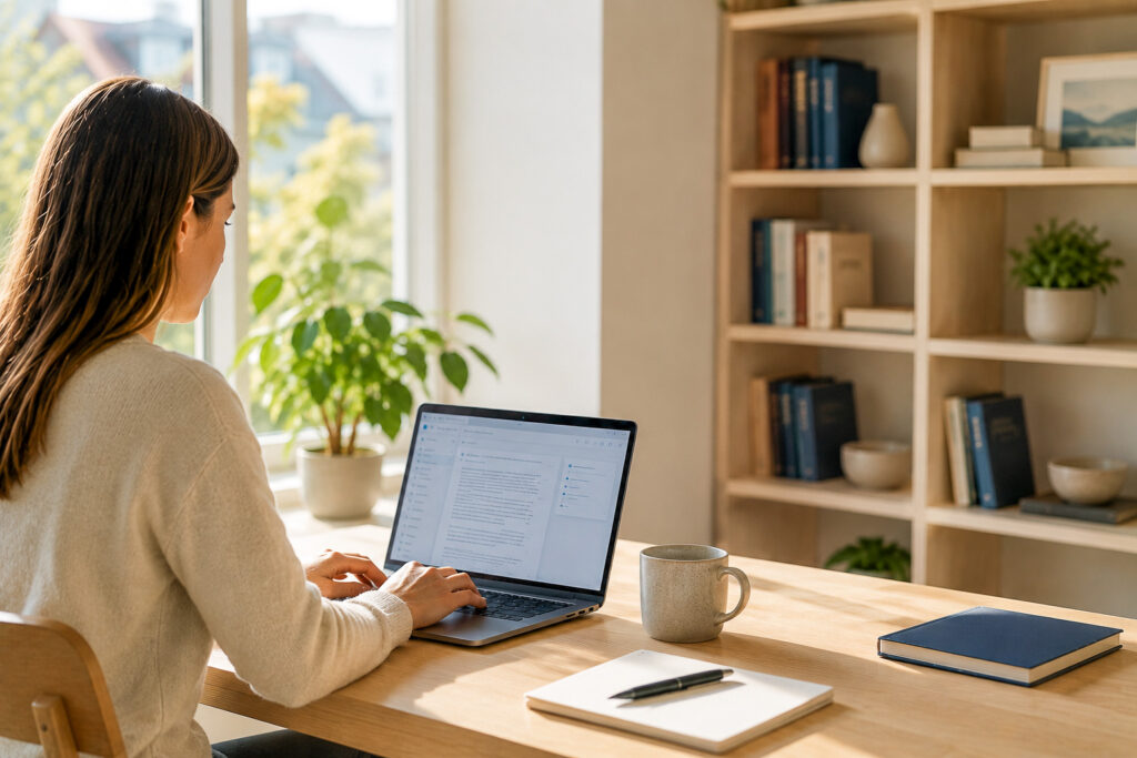 A woman is sat at a desk in fron of a lap top. Modern surroundings.